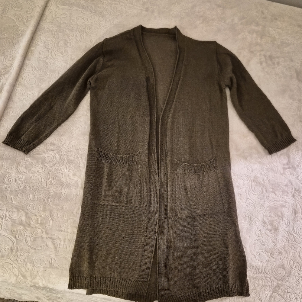 Long Olive Green Open Cardigan